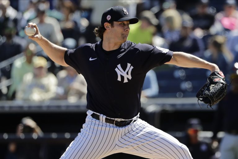 New York Yankees pitcher Gerrit Cole on the mound in the 2020 preseason. 