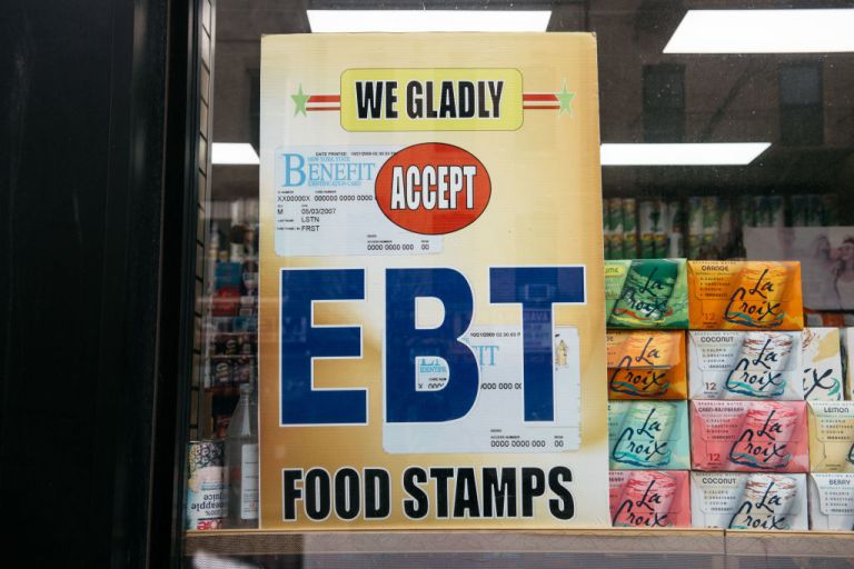 NEW YORK, NY - DECEMBER 05: A sign alerting customers about SNAP food stamps benefits is displayed at a Brooklyn grocery store on December 5, 2019 in New York City. Earlier this week the Trump Administration announced stricter requirements for food stamps benefits that would cut support for nearly 700,000 poor Americans. 
