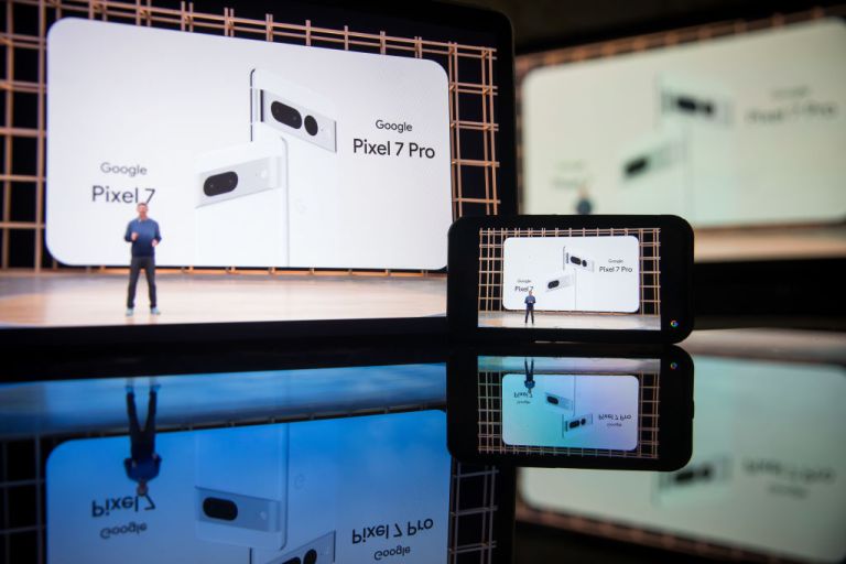 Brian Rakowski, vice president of product management at Google, previews the Pixel 7 and Pixel 7 Pro smartphones during the virtual Google I/O Developers Conference in New York, US, on Wednesday, May 11, 2022.