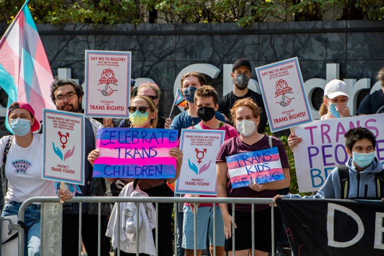 Demonstrators in support of trans-children and gender affirmation treatments rally outside of Boston Childrens Hospital in Boston, Massachusetts, on September 18.
