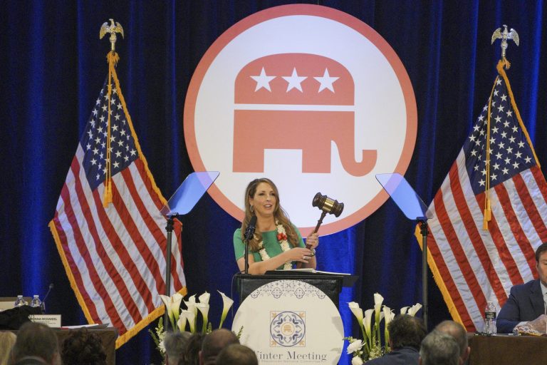 Ronna McDaniel, chairwoman of the Republican National Committee, holds a gavel after winning reelection during the Republican National Committee winter meeting in Dana Point, California, on Friday, Jan. 27, 2023. 