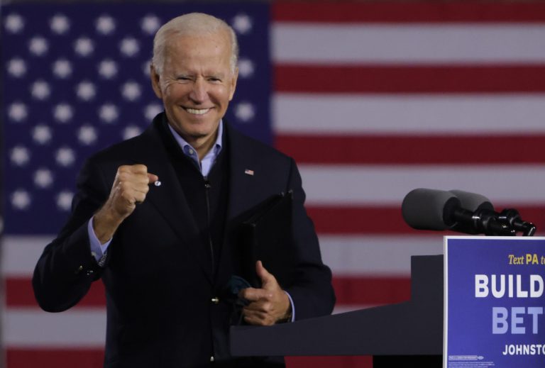 Joe Biden gestures during a campaign stop outside Johnstown Train Station on Sept. 30 in Johnstown, Pennsylvania. 