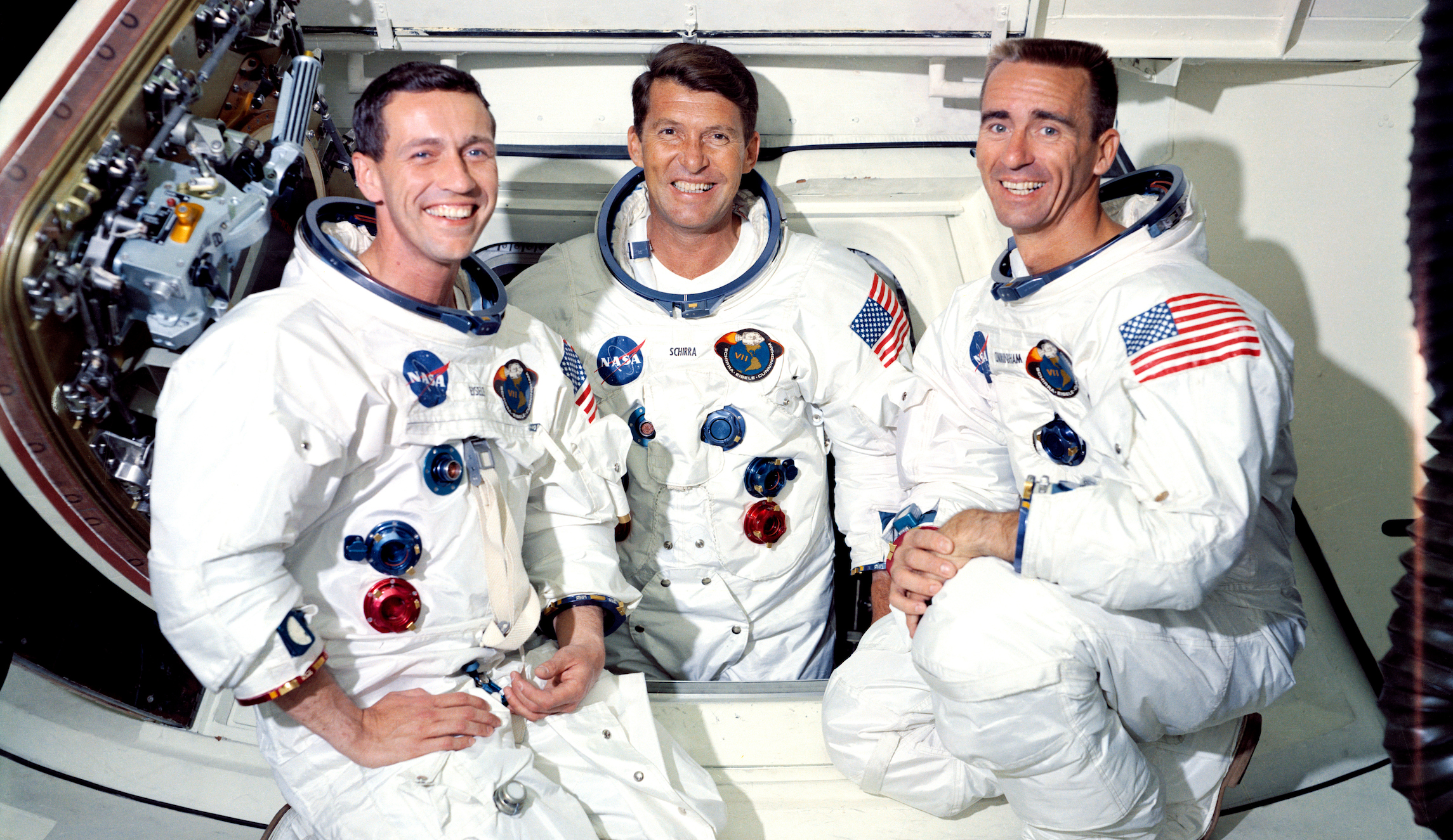 22 May 1968 - Prime crew of the first manned Apollo space mission, Apollo 7 (Spacecraft 101Saturn 205), L to R are Donn F. Eisele, Walter M. Schirra Jr. and Walter Cunningham