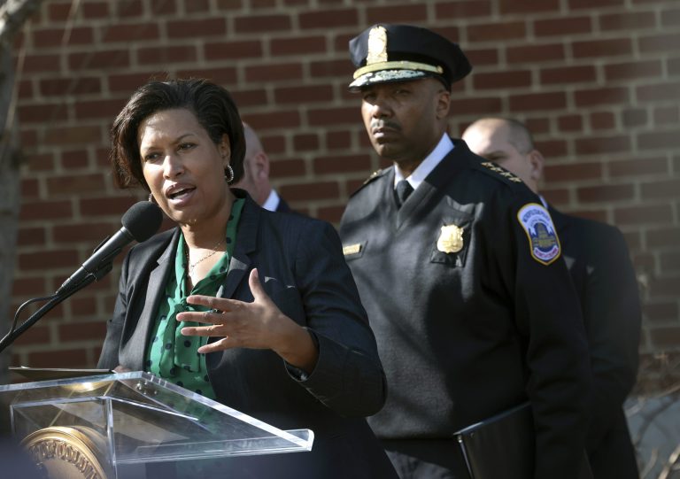 Washington, D.C., Mayor Muriel Bowser, joined by Washington Metropolitan Police Chief Robert Contee III, speaks at a press conference on the recent shootings of the homeless individuals in Washington, D.C., and New York City on March 15, 2022, in Washington, D.C. Bowser announced an arrest has been made and the individual was charged with first-degree murder.