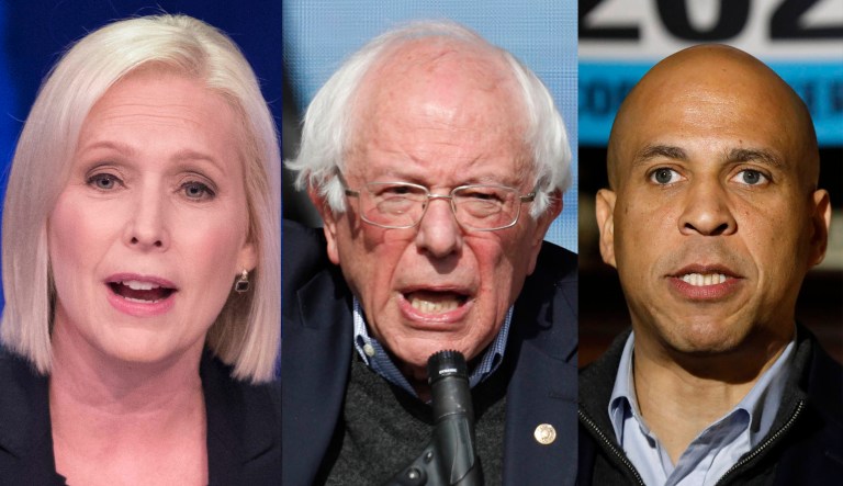 Sens. Bernie Sanders, Kirsten Gillibrand, and Cory Booker are shown.