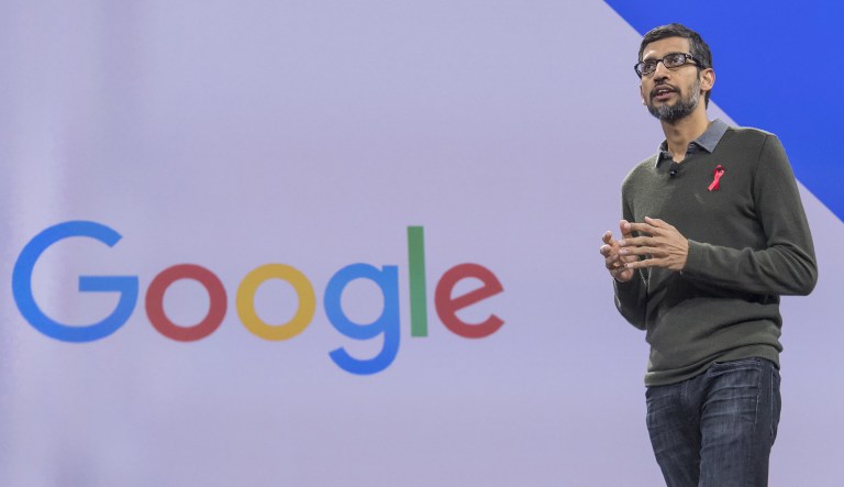 Sundar Pichai, chief executive officer of Google Inc., speaks during the company's Cloud Next '17 event in San Francisco, California, U.S., on Wednesday, March 8, 2017. The Cloud Next conference brings together industry experts to discuss the future of cloud computing.