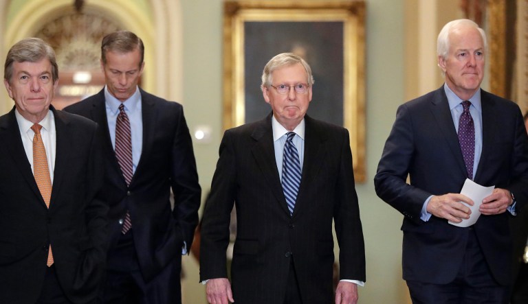 From left, Sen. Roy Blunt, R-Mo., Sen. John Thune, R-S.D., Senate Majority Leader Mitch McConnell, R-Ky., and Majority Whip John Cornyn, R-Texas, arrive to speak to reporters ahead of President Donald Trump's first State of the Union address, at the Capitol in Washington, Tuesday, Jan. 30, 2018. Amid reports that Trump has wanted to fire special counsel Robert Mueller who is investigating Russian meddling in the 2016 election, McConnell said since he's unaware of any effort, official effort, by the White House to undermine the special counsel, he sees no need to bring up legislation to "protect someone who doesn't need protection."