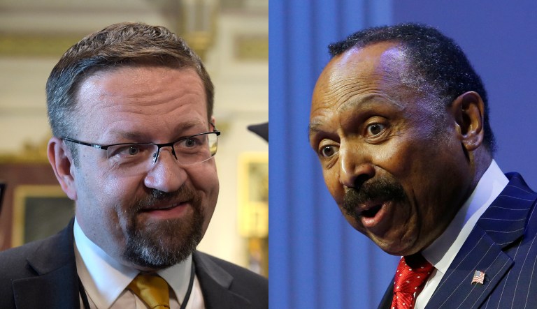 Sebastian Gorka is pictured on the left; E.W. Jackson is pictured on the right.