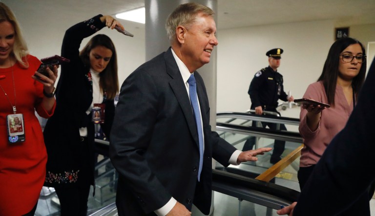 Senate Judiciary Committee Chairman Lindsey Graham, R-S.C., takes questions from reporters following a closed-door briefing on Iran, at the Capitol in Washington, Wednesday, Sept. 25, 2019.   