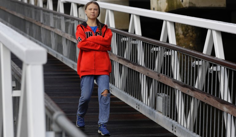 Greta Thunberg walks in the Marina where the boat Malizia is moored in Plymouth, England Tuesday, Aug. 13, 2019. PETA picked her as their "role model of the year" before Time tagged her as "person of the year."