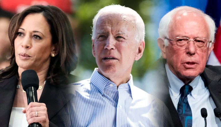 From left to right: 2020 Democratic presidential candidates Kamala Harris, Joe Biden, and Bernie Sanders are shown.