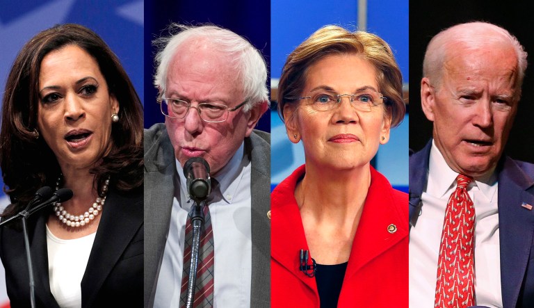 Sens. Kamala Harris, Bernie Sanders, and Elizabeth Warren, along with former Vice President Joe Biden, are shown.