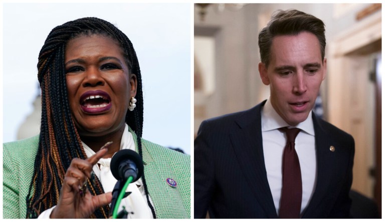 Left: Rep. Cori Bush (D-MO); Right: Sen. Josh Hawley (R-MO)