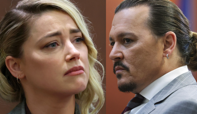 Amber Heard (left) and Johnny Depp (right) are seen at a court in Fairfax County, Virginia.