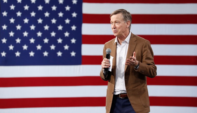 Democratic president candidate and former Colorado Gov. John Hickenlooper speaks at a Service Employees International Union forum on labor issues, Saturday, April 27, 2019, in Las Vegas.