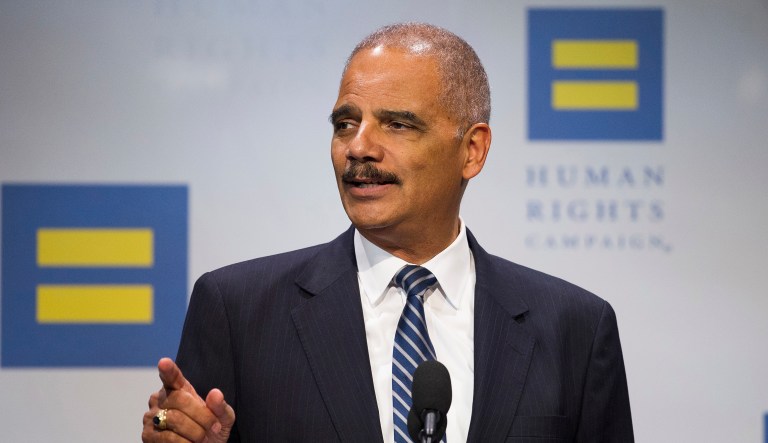 Former Attorney General Eric Holder addresses the Human Rights Campaign National Dinner in Washington, D.C., Saturday, Sept. 15, 2018.