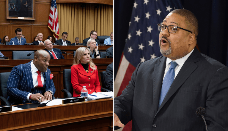 Members on the Republican side of the House Judiciary Committee are seen listening to amendment proposals as the panel meets to pass its operating rules under the GOP majority, at the Capitol in Washington, D.C. on Wednesday, Feb. 1, 2023 (left). On the right, Manhattan District Attorney Alvin Bragg speaks at a press conference after the arraignment of former president Donald Trump in New York on Tuesday, April 4, 2023.