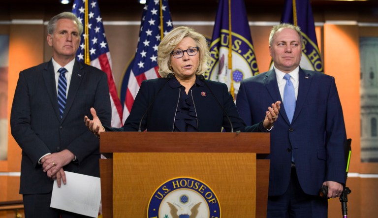 House Republican Conference chair Rep. Liz Cheney, R-Wyo., center, accompanied by House Minority Leader Kevin McCarthy of Calif., left, and House Minority Whip Steve Scalise of La.