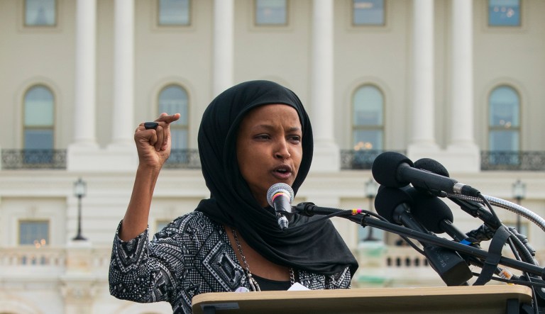Rep. Ilhan Omar, D-Minn. speaks at the International Youth Climate Strike event at the Capitol in Washington, Friday, March 15, 2019.