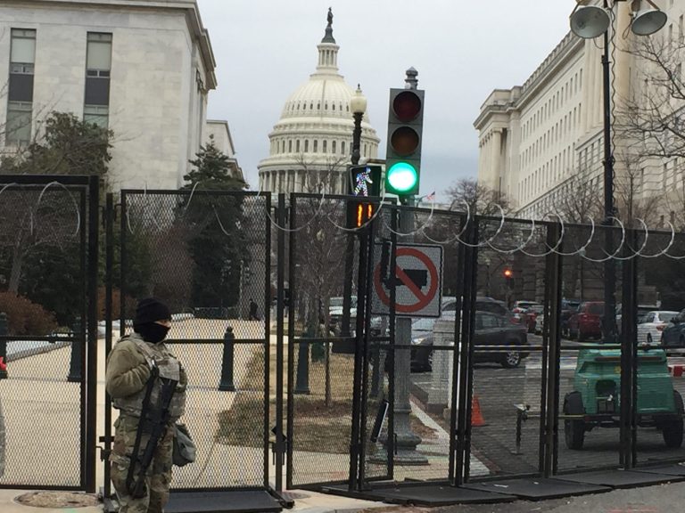 A National Guard member provides security near a vehicle entrance to the U.S. Capitol Jan. 25, 2021.