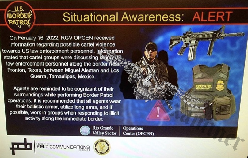The above photo contains notes from U.S. Border Patrol about a situational awareness alert.