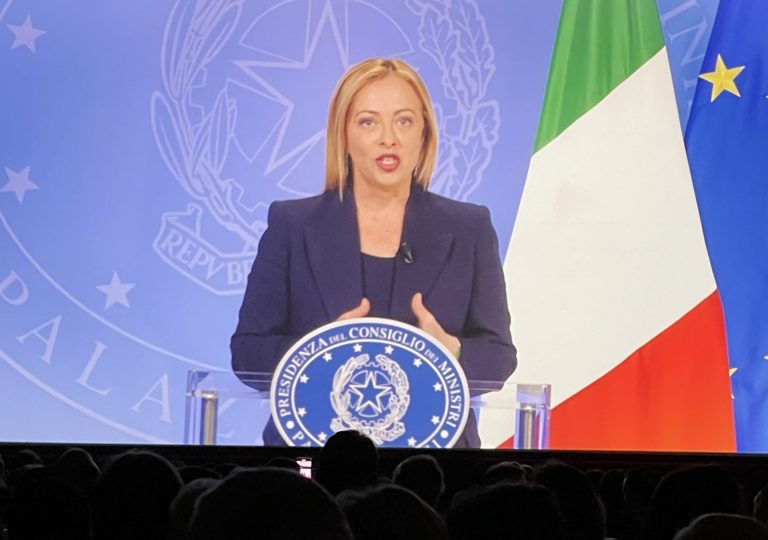 Italian Prime Minister Giorgia Meloni speaks in a prerecorded message for the NIAF Gala.