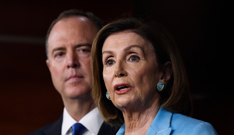 House Speaker Nancy Pelosi of Calif., joined by House Intelligence Committee Chairman Rep. Adam Schiff, D-Calif., speaks during a news conference on Capitol Hill in Washington, Wednesday, Oct. 2, 2019.