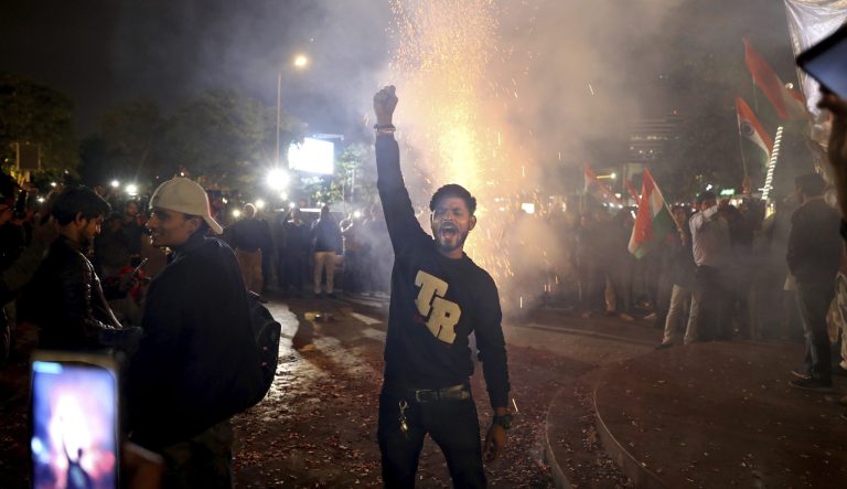 An Indian man shouts slogans during a gathering to celebrate reports of Indian aircrafts bombing Pakistan territory, New Delhi, India, Tuesday, Feb. 26, 2019.