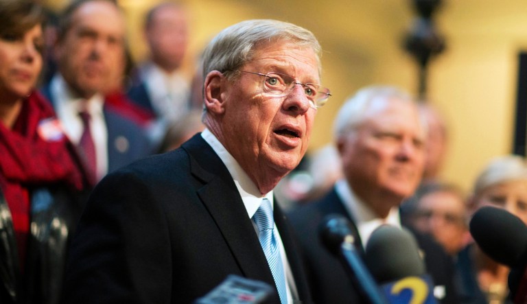 In this Nov. 17, 2014 file photo, Sen. Johnny Isakson, R-Ga., speaks at the state Capitol in Atlanta.