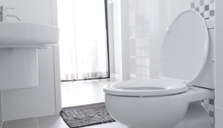 A white toilet in a bathroom.