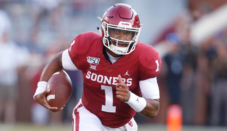 Oklahoma quarterback Jalen Hurts (1) carries in the second quarter of an NCAA college football game against South Dakota Saturday, Sept. 7, 2019, in Norman, Okla.