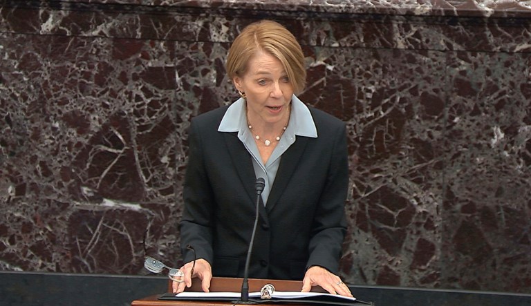 In this image from video, Jane Raskin, an attorney for President Donald Trump, speaks during the impeachment trial against Trump in the Senate at the U.S. Capitol in Washington, Monday, Jan. 27, 2020.