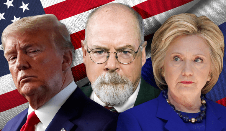 From left to right are Donald Trump, John Durham, and Hillary Clinton.