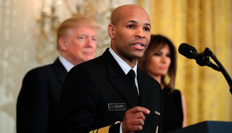 U.S. Surgeon General Jerome Adams speaks during a news conference about the coronavirus in the James Brady Briefing Room at the White House, Saturday, March 14, 2020, in Washington.