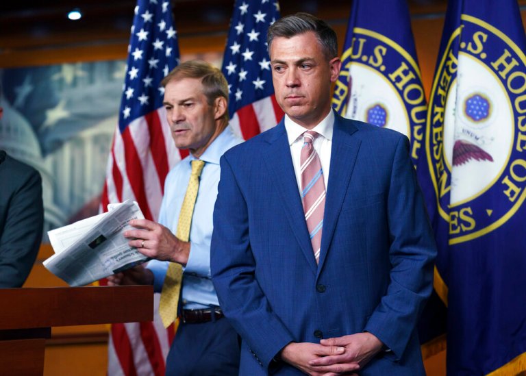 Rep. Jim Banks (R-IN) speaks as House Minority Leader Kevin McCarthy (R-CA) listens during a news conference on the House Jan. 6 Committee, Thursday, June 9, 2022, on Capitol Hill in Washington.