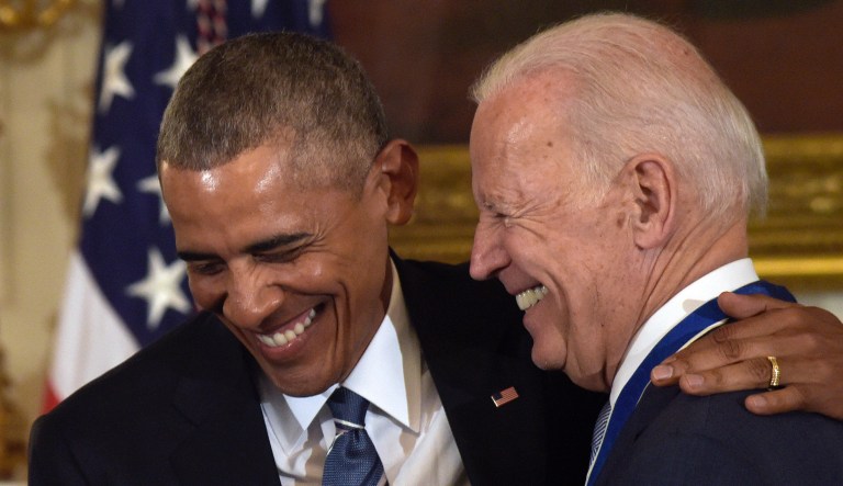 Vice President Joe Biden laughs as President Barack Obama talks about him during a ceremony in the State Dining Room of the White House in Washington, Thursday, Jan. 12, 2017. Obama surprised Biden an presented him with the Presidential Medal of Freedom. 