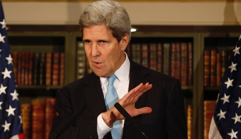 U.S. Secretary of State John Kerry speaks to the media during a press conference in London after his meeting with Russian Foreign Minister Sergey Lavrov, Friday, March 14, 2014. Kerry arrived in London Friday, for his last meeting with Russian Foreign Minister Sergey Lavrov before the Crimea vote.