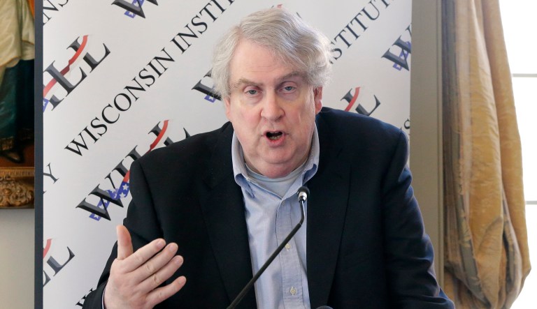 This photo take May 2, 2016, shows Marquette University Professor John McAdams, right, speaking during the news conference in Milwaukee.  A dispute between the conservative professor and the university that fired him goes before the Wisconsin Supreme Court to decide whether the teacherâs termination was because of a blog post or his conduct. Former Marquette University professor McAdams says in a lawsuit he was fired for exercising his freedom of speech by criticizing what he saw as an instructor shutting down a discussion against gay marriage.