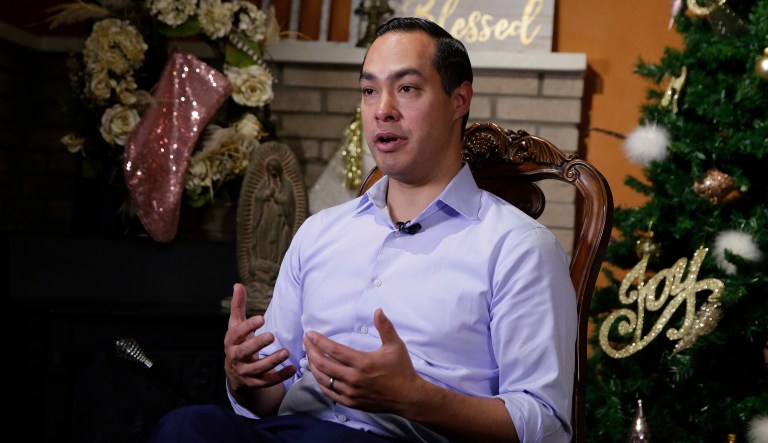 Democrat Julian Castro talks about exploring the possibility of running for president in 2020, at his home in San Antonio, Tuesday, Dec. 11, 2018.  The announcement Wednesday gives the 44-year-old Castro a jump-start on whatâs likely to be a crowded Democratic primary field that has no clear front-runner. He tells The Associated Press he plans to announce his ultimate decision in early January.