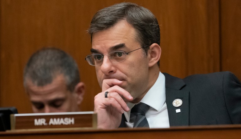 FILE - This March 28, 2017, file photo shows Rep. Justin Amash, R-Mich., followed by Rep. Jim Jordan, R-Ohio, leaving a closed-door strategy session on Capitol Hill in Washington. Amash isnât taking back his call for President Trumpâs impeachment. The fourth-term congressman took considerable heat on Monday, May 20, 2019, for tweeting over the weekend that special counsel Robert Muellerâs report outlined obstruction by the president.