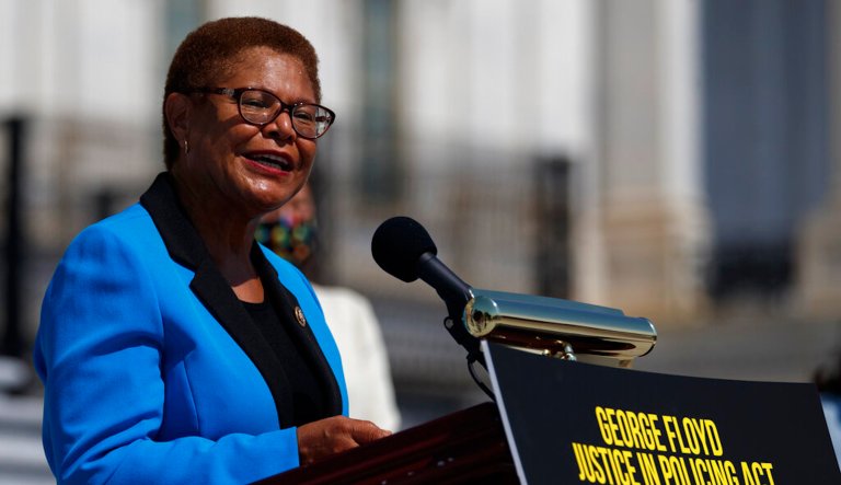 FILE - In this June 25, 2020, file photo, Rep. Karen Bass, D-Calif., speaks during a news conference on Capitol Hill in Washington.