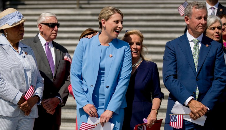 From left, Rep. Alma Adams, D-N.C., House Majority Leader Steny Hoyer of Md., Rep. Katie Hill, D-Texas, Rep. Debbie Dingell, D-Mich., and Rep. Matt Cartwright, D-Penn., and other House Democrats, hold a news conference on the first 200 days of the 116th Congress on Capitol Hill, in Washington, Thursday, July 25, 2019. 