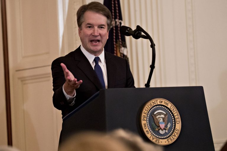 Brett Kavanaugh, appeals court judge, speaks after being nominated as an associate justice of the U.S. Supreme Court by U.S. President Donald Trump, not pictured, during a ceremony in the East Room of the White House in Washington, D.C., U.S., on Monday, July 9, 2018. TrumpÂ said he would nominate Kavanaugh for a seat on the U.S. Supreme Court, a choice that could create the most conservative court in generations and threaten landmark rulings including the Roe v. Wade abortion-rights decision.