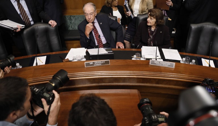 Chairman Chuck Grassley, R-Iowa, and Ranking Member Dianne Feinstein, D-Calif., arrive for a Senate Judiciary Committee hearing in Washington, D.C., on Friday, Sept. 28, 2018.
