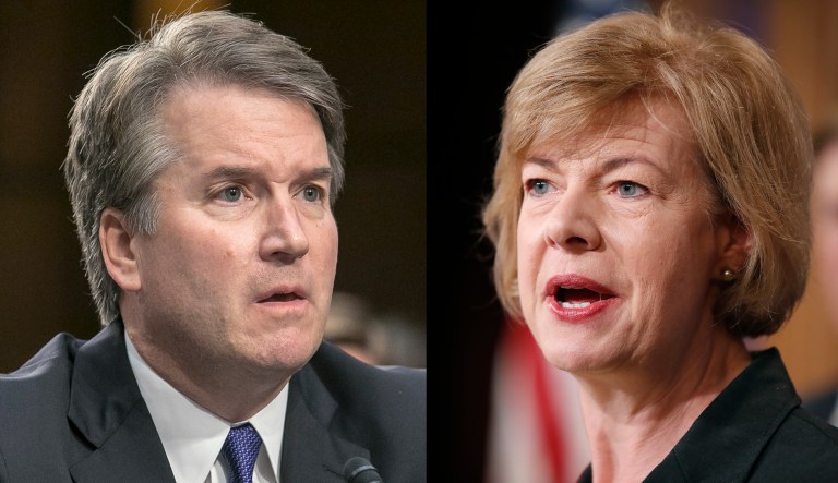 Brett Kavanaugh, President Trump's nominee for the Supreme Court, is pictured on the left. Sen. Tammy Baldwin is pictured on the right.