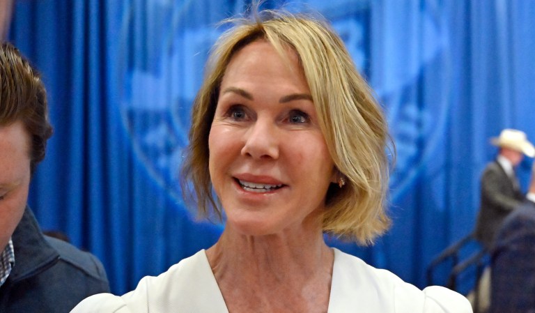 Former United States ambassador to the United Nations Kelly Craft speaks to reporters before the start of the Kentucky Farm Bureau Ham Breakfast at the Kentucky State Fair in Louisville, Kentucky, on Aug. 25, 2022.
