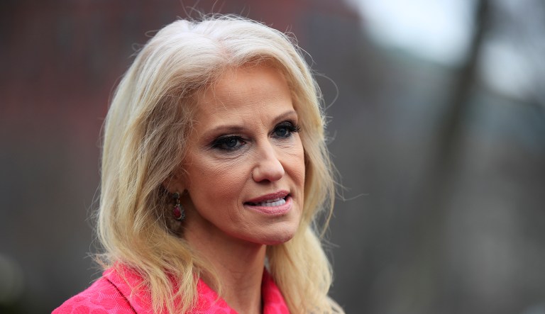 Counselor to the President Kellyanne Conway speaks to reporters outside the West Wing of the White House in Washington, Friday, Feb. 22, 2019.