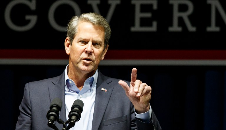 Republican gubernatorial candidate Brian Kemp speaks during a "Get Out The Vote" rally at the Dalton Convention Center on Thursday, Nov. 1, 2018 in Dalton, Ga. Republican Brian Kemp is facing off against Democrat Stacey Abrams for governor in Georgia.