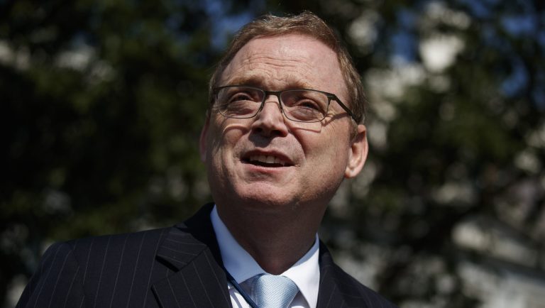 Kevin Hassett, chairman of the White House Council of Economic Advisers, pauses as he talks to media outside of the White House in Washington, Monday, March 4, 2019.