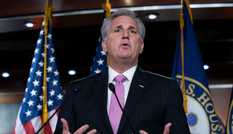 House Republican Leader Kevin McCarthy, D-Calif., speaks to the media at a news conference on Capitol Hill in Washington, Thursday, May 2, 2019.